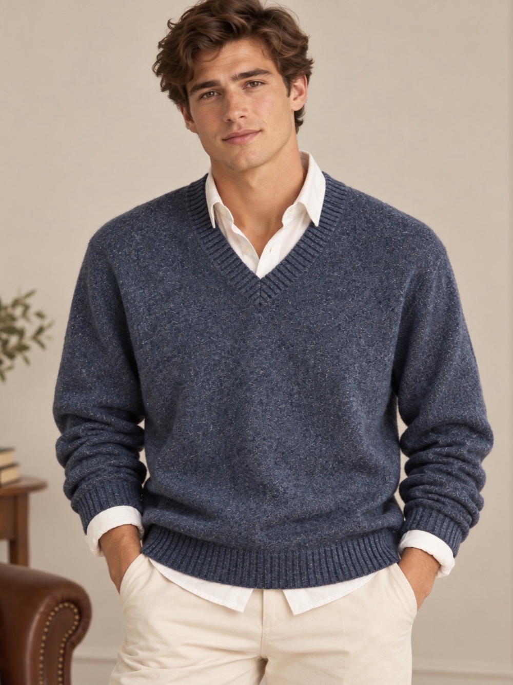 Le 31 Simons 100% Virgin Wool V Neck Sweater XL Blue Old Money Quiet Luxury